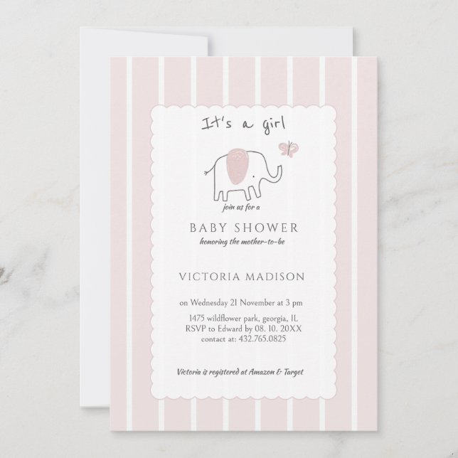Invitation Minimalist Blush Pink Elephant Sketch Its a Girl  (Devant)