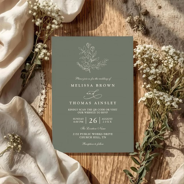 Invitation Minimalist Boho Floral Sage Modern QR Code Wedding (Créateur téléchargé)