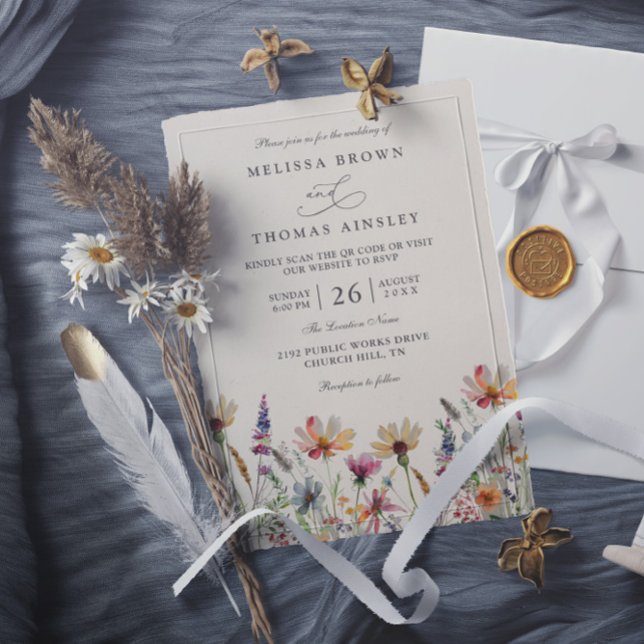 Invitation Minimalist Boho Wildflower Floral QR Code Wedding (Créateur téléchargé)