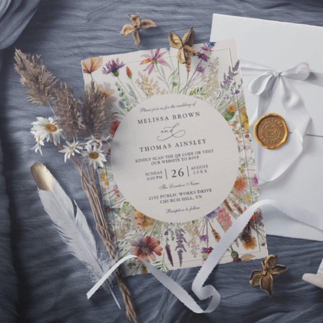 Invitation Minimalist Boho Wildflower Floral QR Code Wedding (Créateur téléchargé)