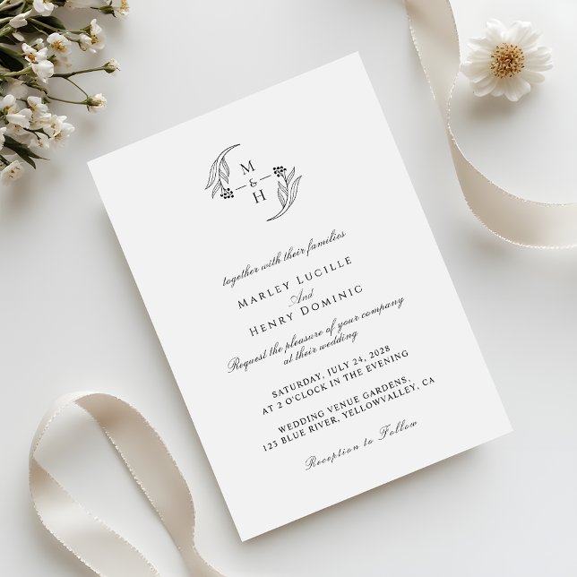 Invitation Minimalist botanical Wreath Monogram Wedding (Créateur téléchargé)