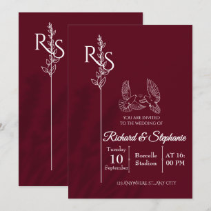Invitation Minimalist Burgundy & White Birds Wedding Invite