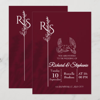 Invitation Minimalist Burgundy & White Birds Wedding Invite