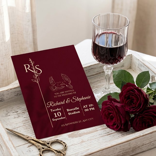 Invitation Minimalist Burgundy & White Birds Wedding Invite (Créateur téléchargé)