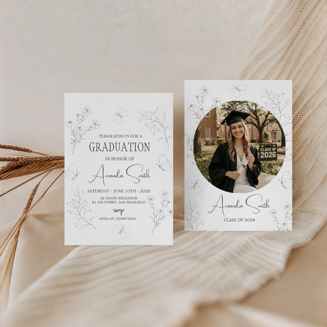 Invitation Minimalist Butterfly Floral Graduation Invite (Créateur téléchargé)