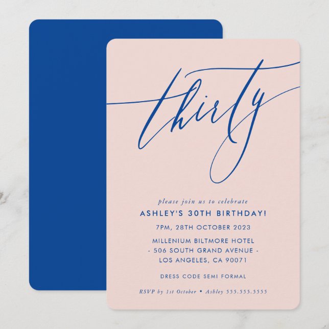 Invitation MINIMALIST Calligraphie chic 30ème parti blush ble (Devant / Derrière)