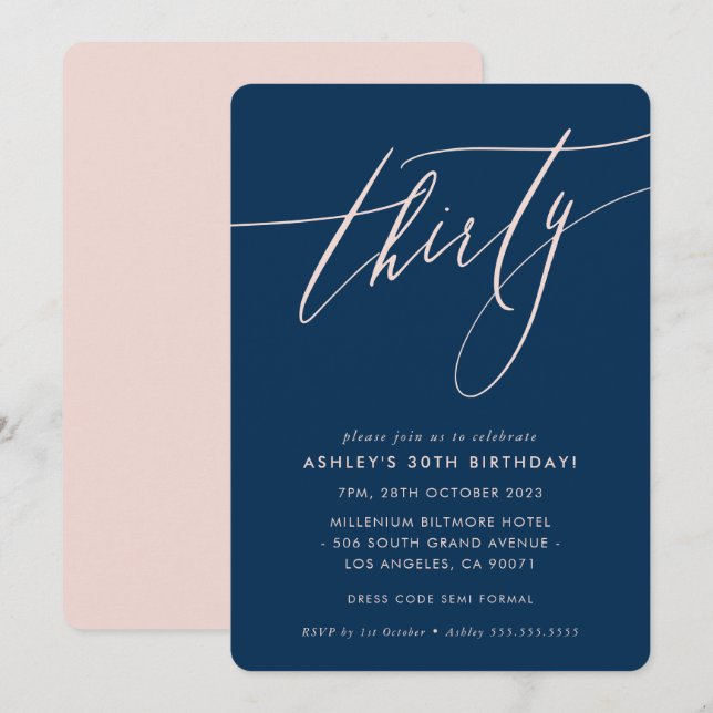 Invitation MINIMALIST Calligraphie chic 30ème parti navy blus (Devant / Derrière)