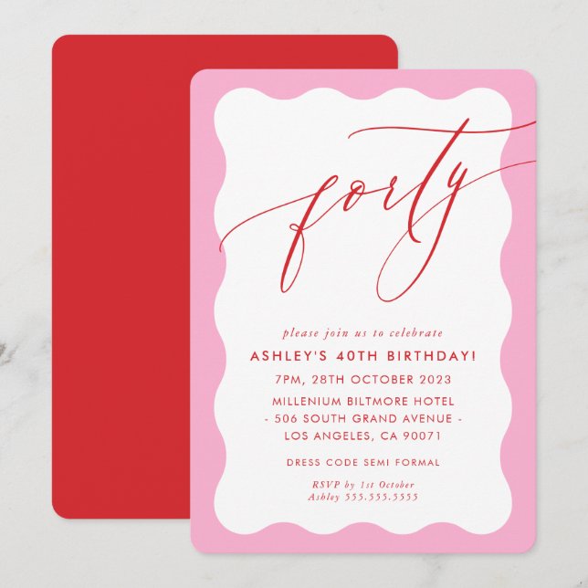 Invitation MINIMALIST Calligraphie vague 40ème parti rose rou (Devant / Derrière)