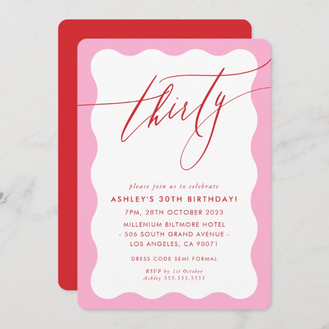 Invitation MINIMALIST Calligraphy wave 30th party pink red (Devant / Derrière)