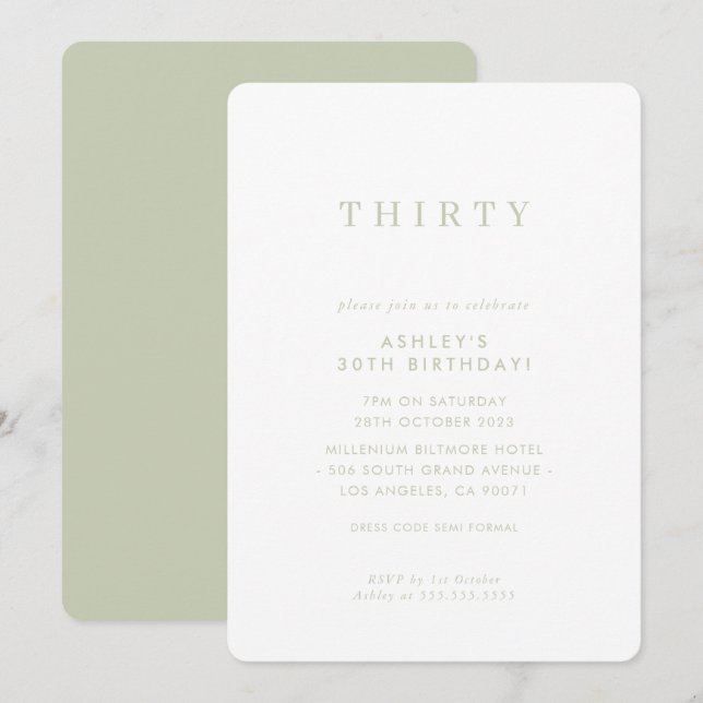 Invitation MINIMALIST design anniversaire chic moderne sauge  (Devant / Derrière)