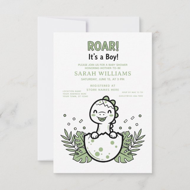 Invitation minimalist Dinosaur Baby Shower party boy Roar (Devant)