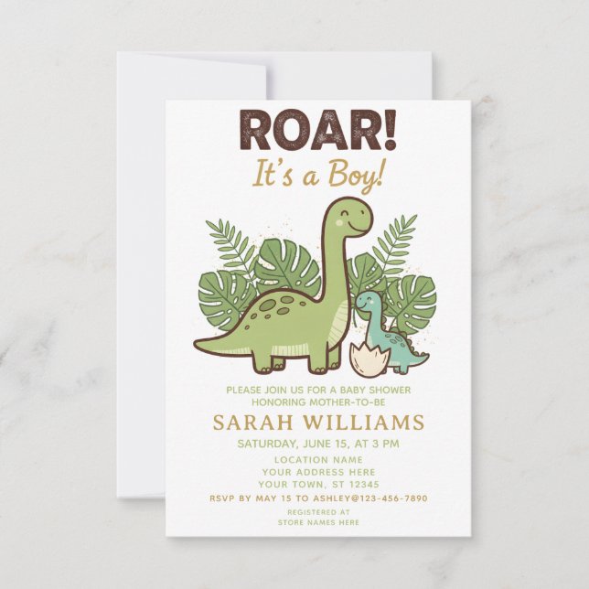 Invitation minimalist Dinosaur Baby Shower party boy Roar (Devant)