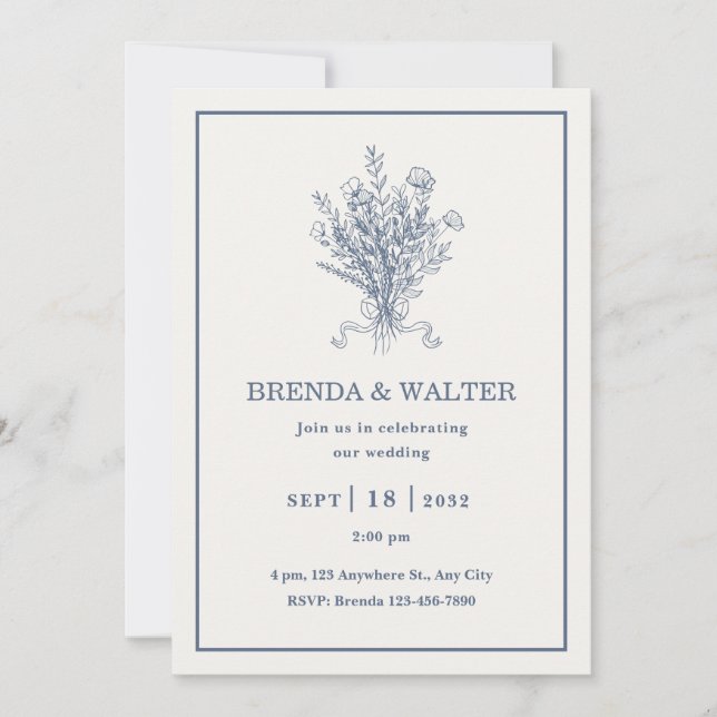 Invitation Minimalist Dusty Blue Floral Sketch Wedding  (Devant)