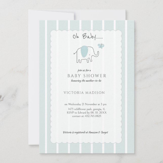 Invitation Minimalist Dusty Blue Oh Baby Elephant Sketch  (Devant)