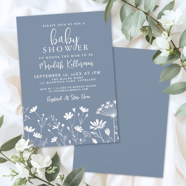 Invitation Minimalist Dusty Blue Wildflower Baby Shower (Minimalist Dusty Blue Wildflower Baby Shower Invitation)