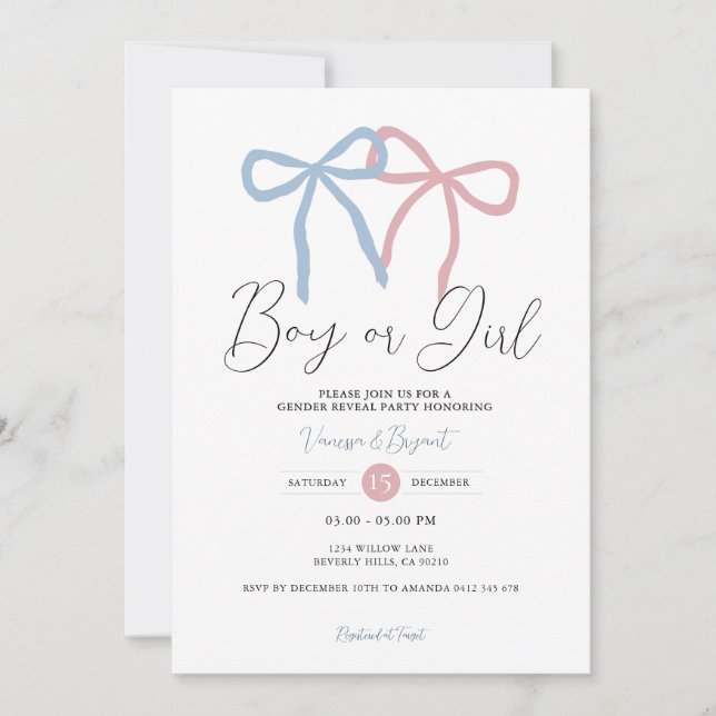 Invitation Minimalist Dusty Pink Blue Ribbon Gender Reveal (Devant)