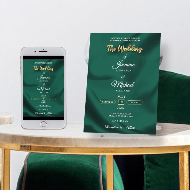 Invitation Minimalist Emerald and Gold Foil Script Wedding  (Créateur téléchargé)