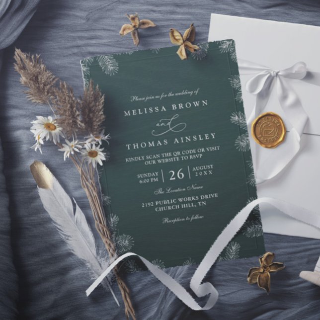 Invitation Minimalist Evergreen Rustic Modern QR Code Wedding (Créateur téléchargé)