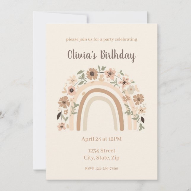 Invitation Minimalist Floral Rainbow Arch Birthday Party (Devant)