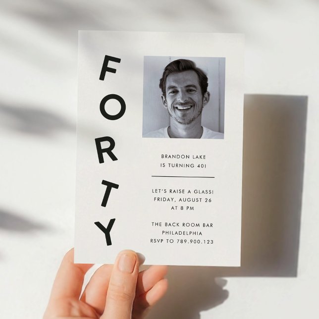 Invitation Minimalist Forty Black + White 40th Birthday Party (minimalist, modern, black-and-white 40th birthday party invitation for men)