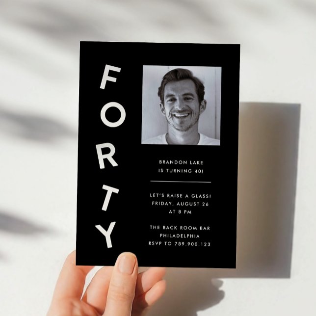 Invitation Minimalist Forty Black + White 40th Birthday Party (minimalist, modern, black-and-white 40th birthday party invitation for men)