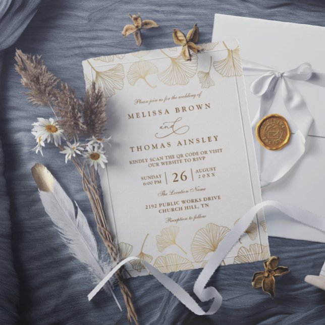 Invitation Minimalist Ginkgo Reverie Gold QR Code Wedding (Créateur téléchargé)
