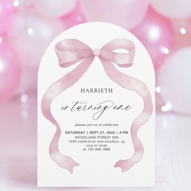 Invitation Minimalist Girly Pink Coquette Bow 1st Birthday (Créateur téléchargé)