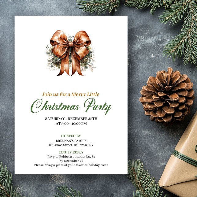 Invitation Minimalist Green And Gold Christmas Bow Invite (Minimalist Green And Gold Christmas Tree Invite)