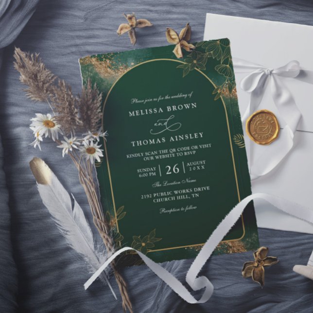 Invitation Minimalist Green and Gold Modern QR Code Wedding (Créateur téléchargé)