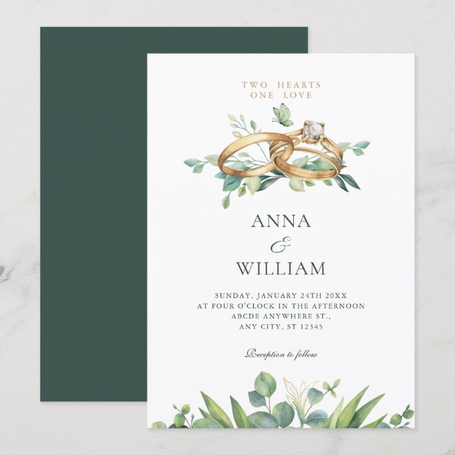 Invitation Minimalist green leaves wedding ring  (Devant / Derrière)