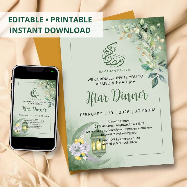 Invitation Minimalist Greenery Moon Ramadan Iftar Dinner (Créateur téléchargé)