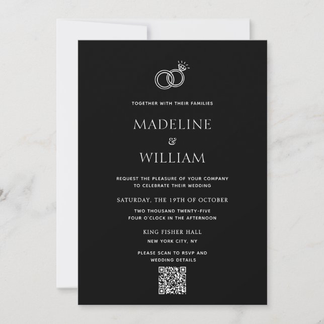 Invitation Minimalist Hand Drawn Rings Black Qr Code Wedding (Devant)