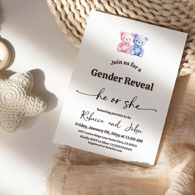 Invitation Minimalist He or She Pink Blue Bear Gender Reveal (Créateur téléchargé)
