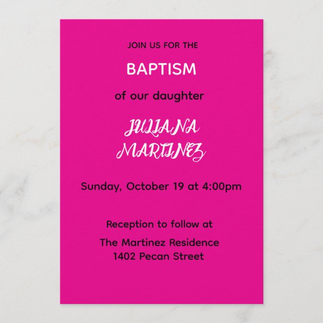Invitation Minimalist Hot Pink Baptism Invite (Devant)