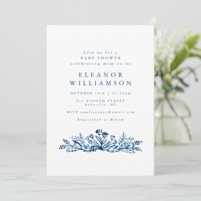 Invitation Minimalist Indigo Blue Ink Botanical Baby Shower (Debout devant)