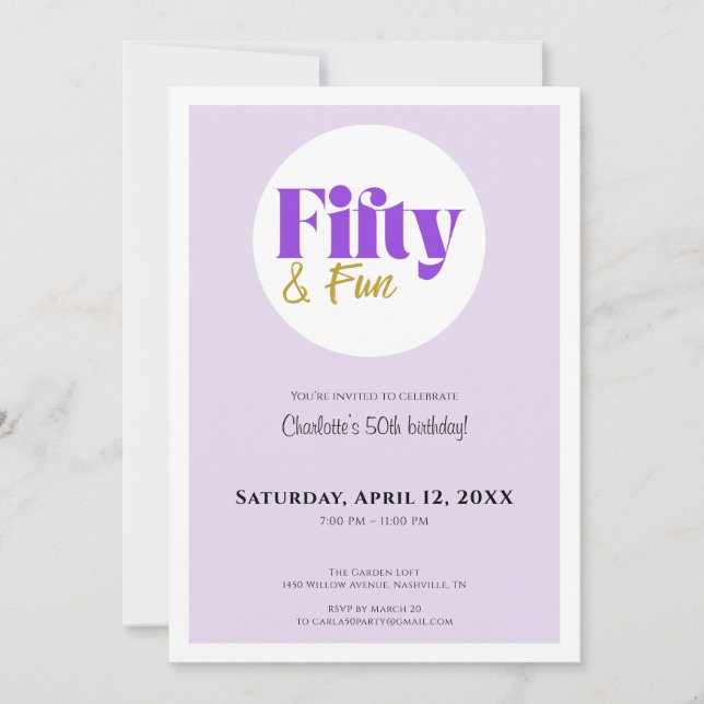 Invitation Minimalist Lavender and Gold 50th Birthday  (Devant)