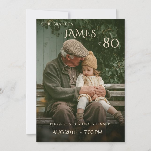 Invitation Minimalist Male Family Photo 80th Birthday  (Devant)
