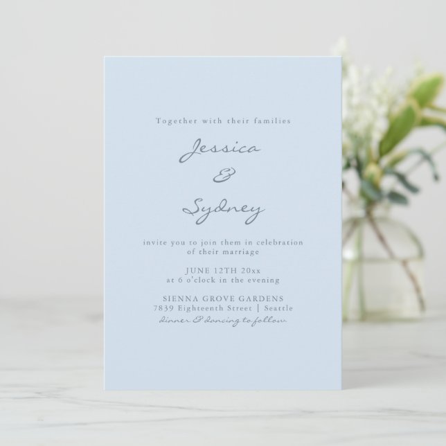 Invitation Minimalist Modern Soft Blue Script Wedding (Debout devant)