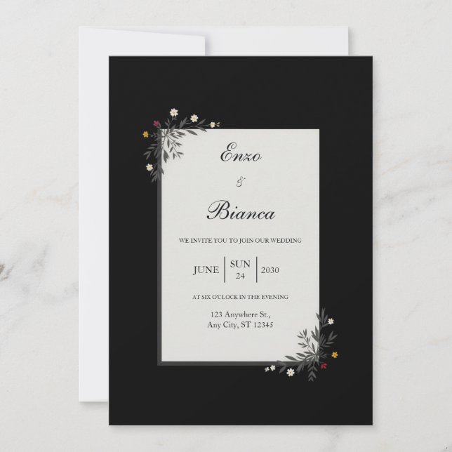 Invitation Minimalist Nordic Floral Corner White Wedding (Devant)