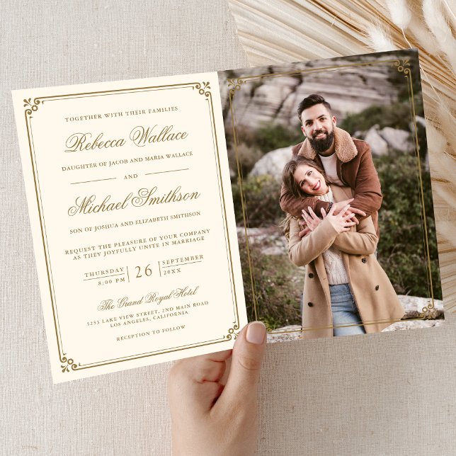 Invitation Minimalist Photo Cream Gold QR Code Wedding (Créateur téléchargé)