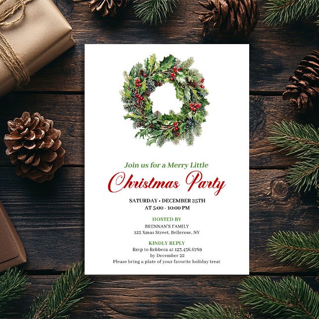 Invitation Minimalist Pine Wreath Christmas Party Card (Minimalist Pine Wreath Christmas Party Card)