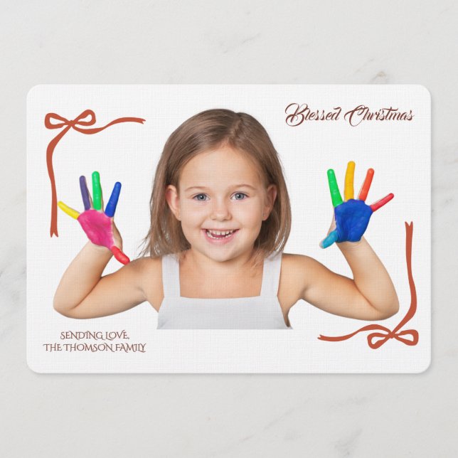 Invitation Minimalist Red Bows Blessing Christmas Handwriting (Devant)