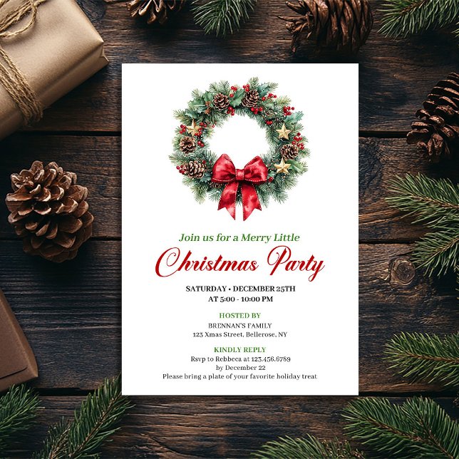 Invitation Minimalist Red Green Christmas Wreath Party Card (Minimalist Red Green Christmas Wreath Party Card)