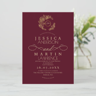 Invitation Minimalist Romantic Script Burgundy Gold Wedding