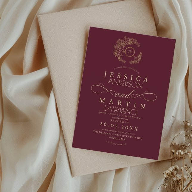 Invitation Minimalist Romantic Script Burgundy Gold Wedding  (Créateur téléchargé)