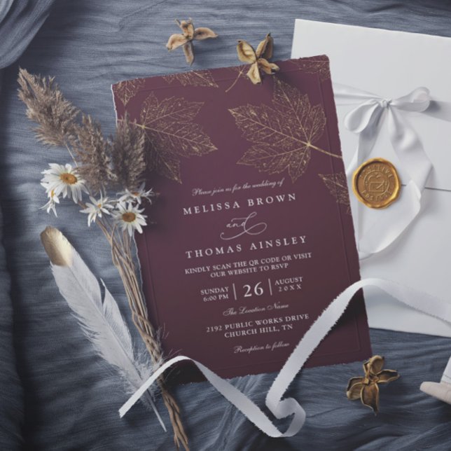 Invitation Minimalist Rustic Gilded Maple QR Code Wedding (Créateur téléchargé)