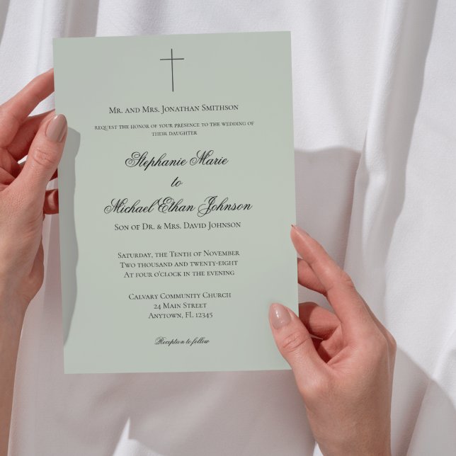Invitation MINIMALIST Sage Green Cross Formal Wedding (MINIMALIST Sage Green Cross Formal Wedding Invitation)