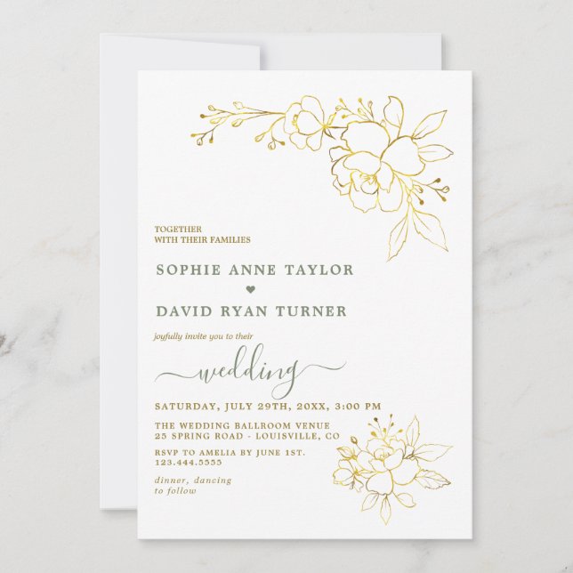 Invitation Minimalist Sage Green Gold Flowers Wedding (Devant)