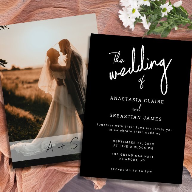 Invitation Minimalist Script Black and White Photo Wedding (Minimalist Script Black and White Photo Wedding Invitation)