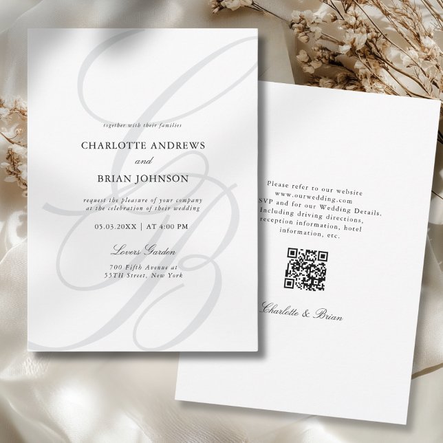 Invitation Minimalist Script Font Monogram QR Code Wedding (Minimalist Script Font Monogram QR Code Wedding Invitation)
